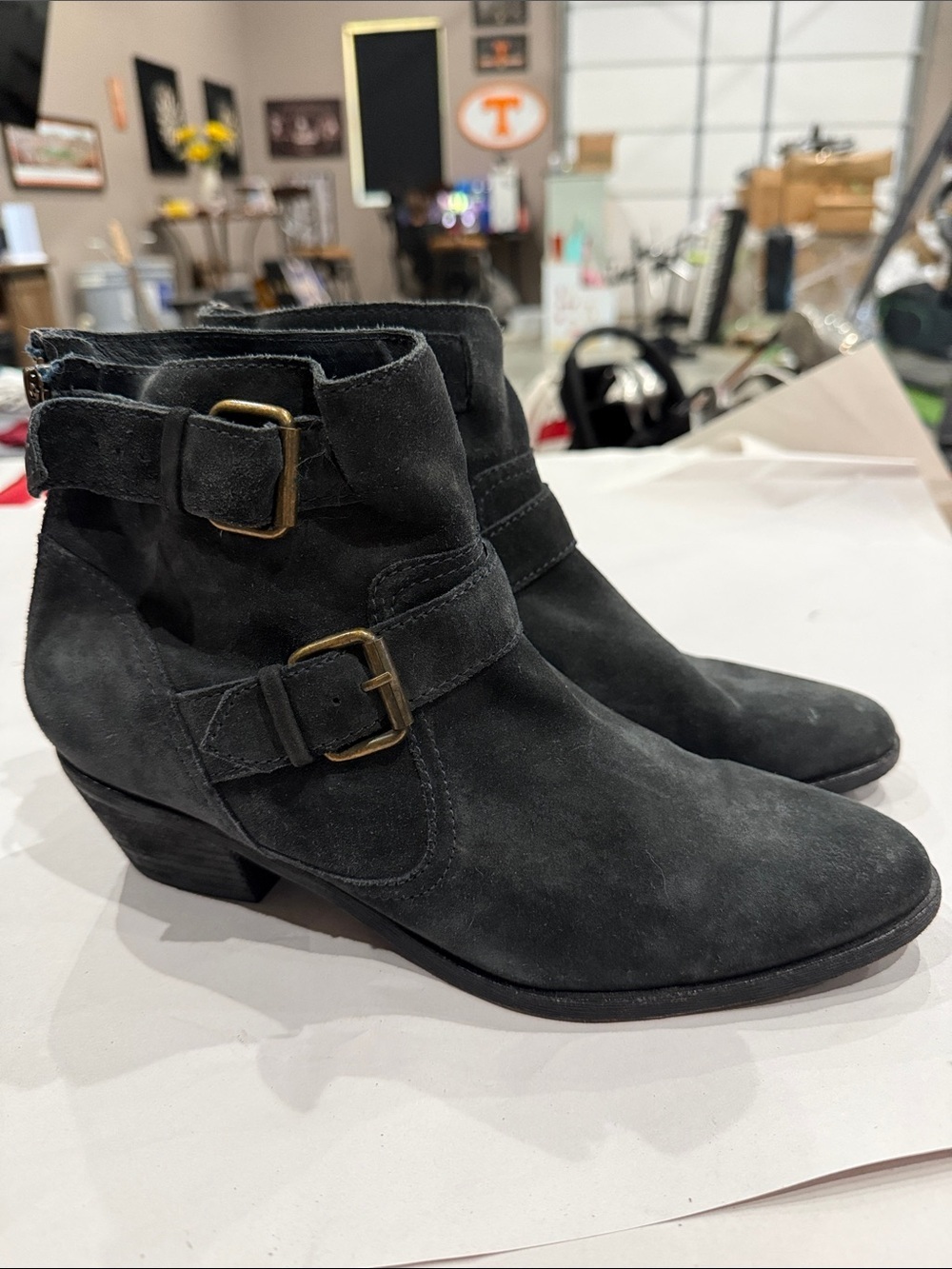 Women’s Black to navy Suede Ankle Boots with Buckle Detail